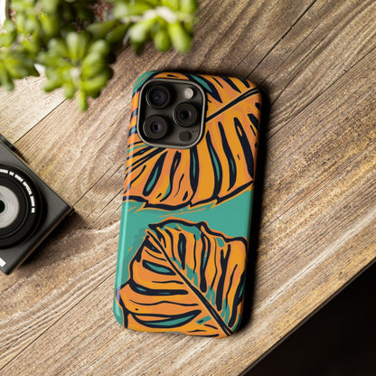Tropical Leaf Tough Phone Case — Orange Monstera Design on Teal