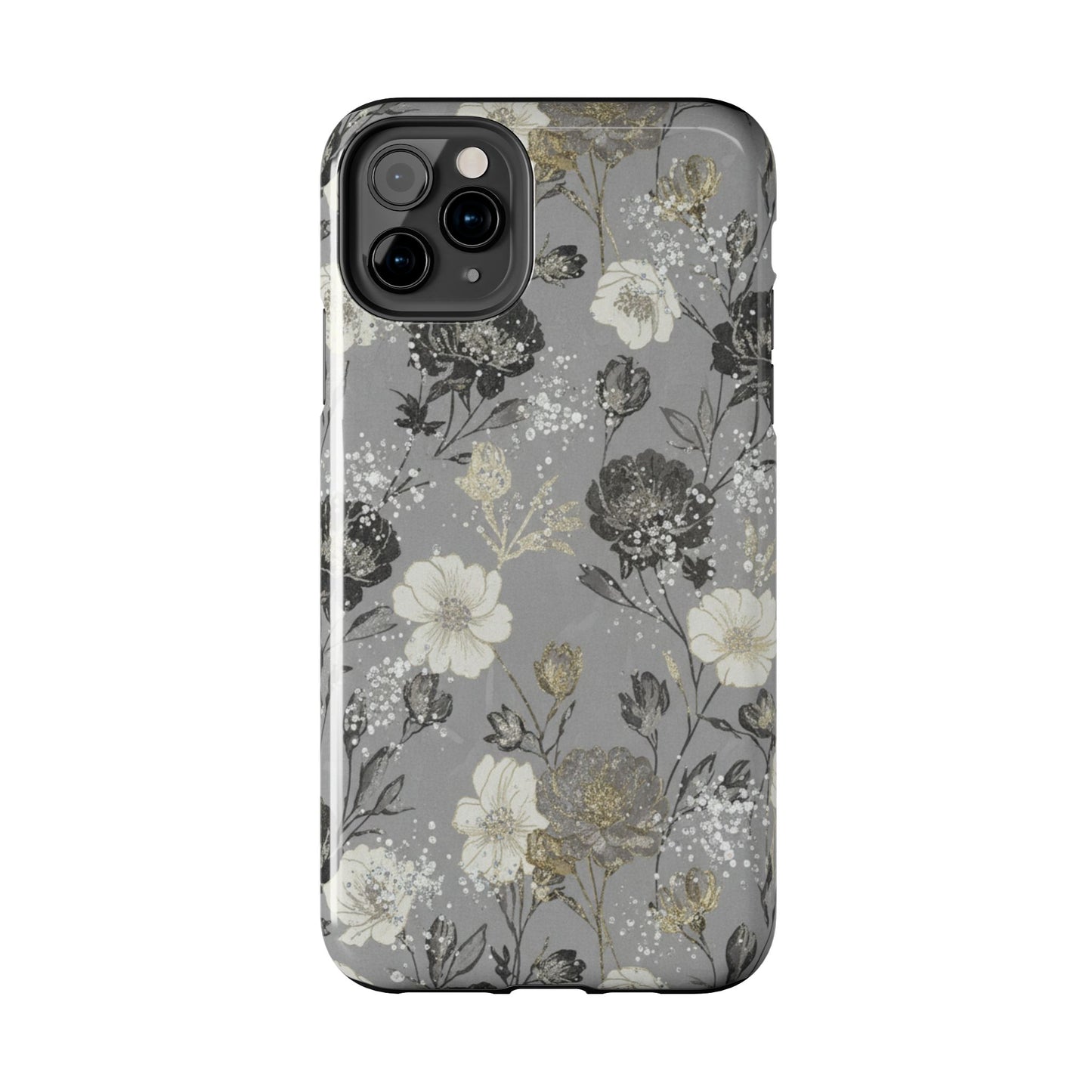 Floral Gray Tough Phone Case — Elegant Protective Phone Cover with Gold Accent