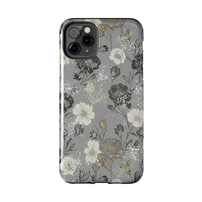 Floral Gray Tough Phone Case — Elegant Protective Phone Cover with Gold Accent