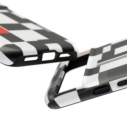 Abstract Geometric Phone Case – Black & White Checker Grid with Red Accent