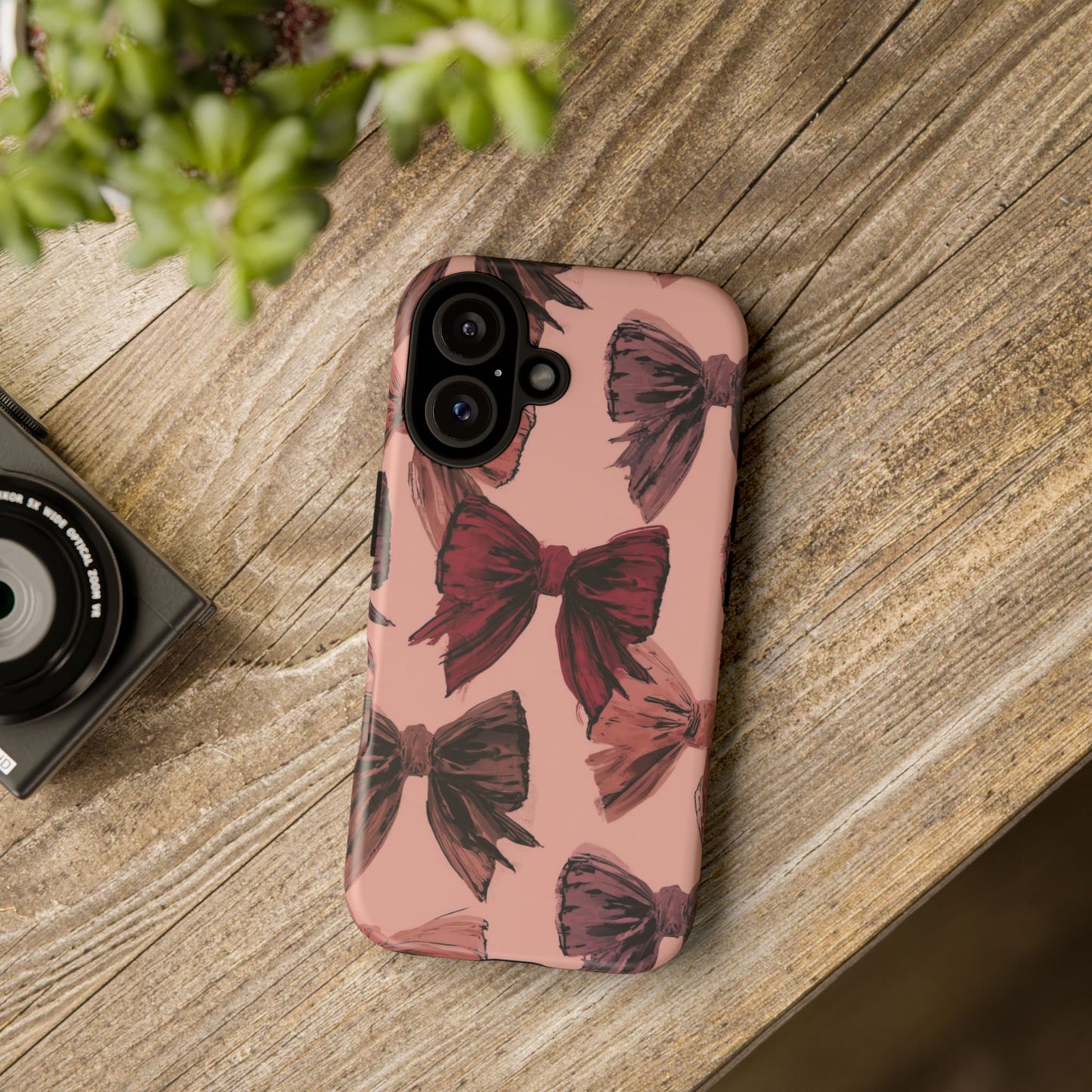 Bow Pattern Tough Phone Case — Pink Watercolor Bows Protective iPhone Cover