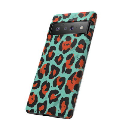 Leopard Print Tough Phone Case — Teal & Rust Protective iPhone Cover