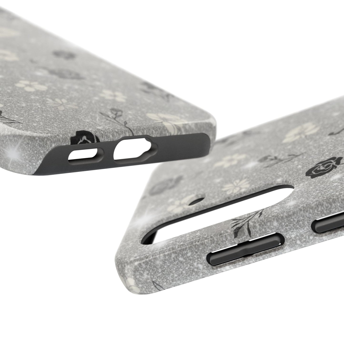 Floral Glitter Tough Phone Case — Black & Silver Vintage Flower Protective Cover