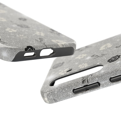 Floral Glitter Tough Phone Case — Black & Silver Vintage Flower Protective Cover