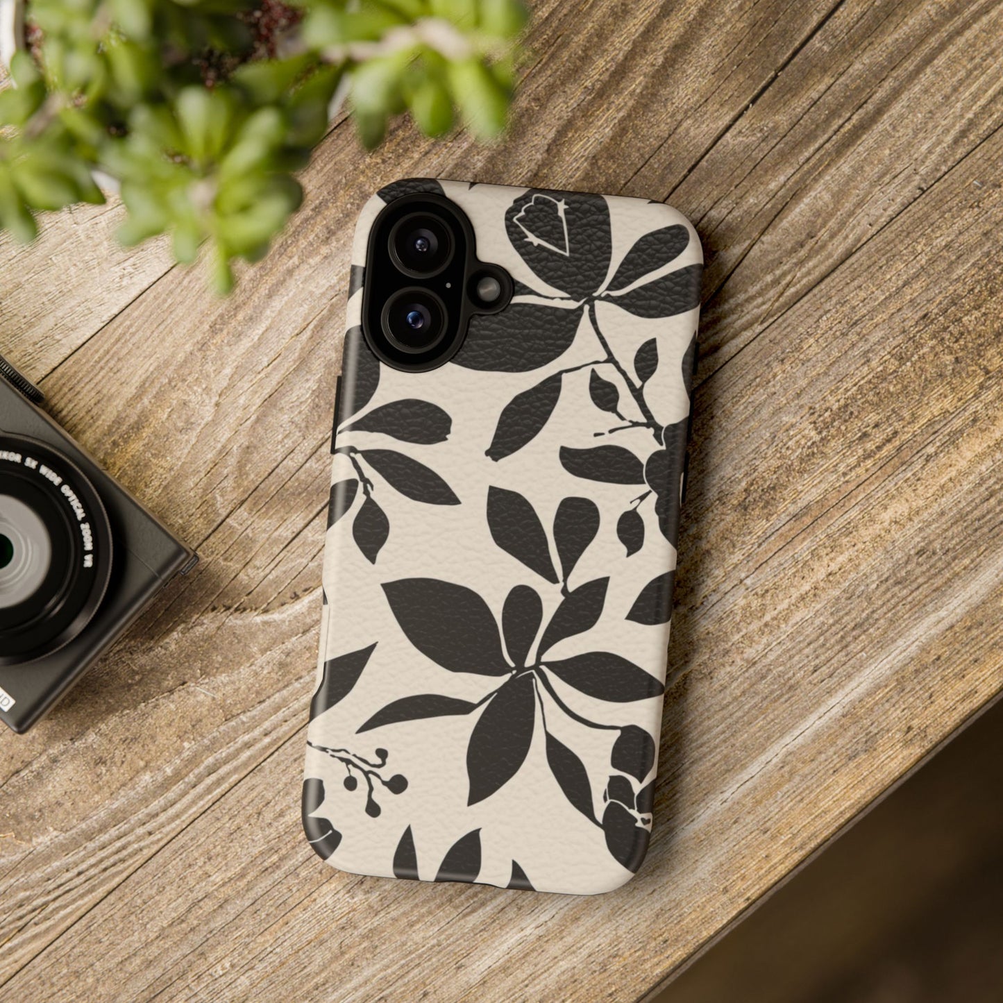 Black Floral Pattern Phone Case — Monochrome Botanical Tough Case
