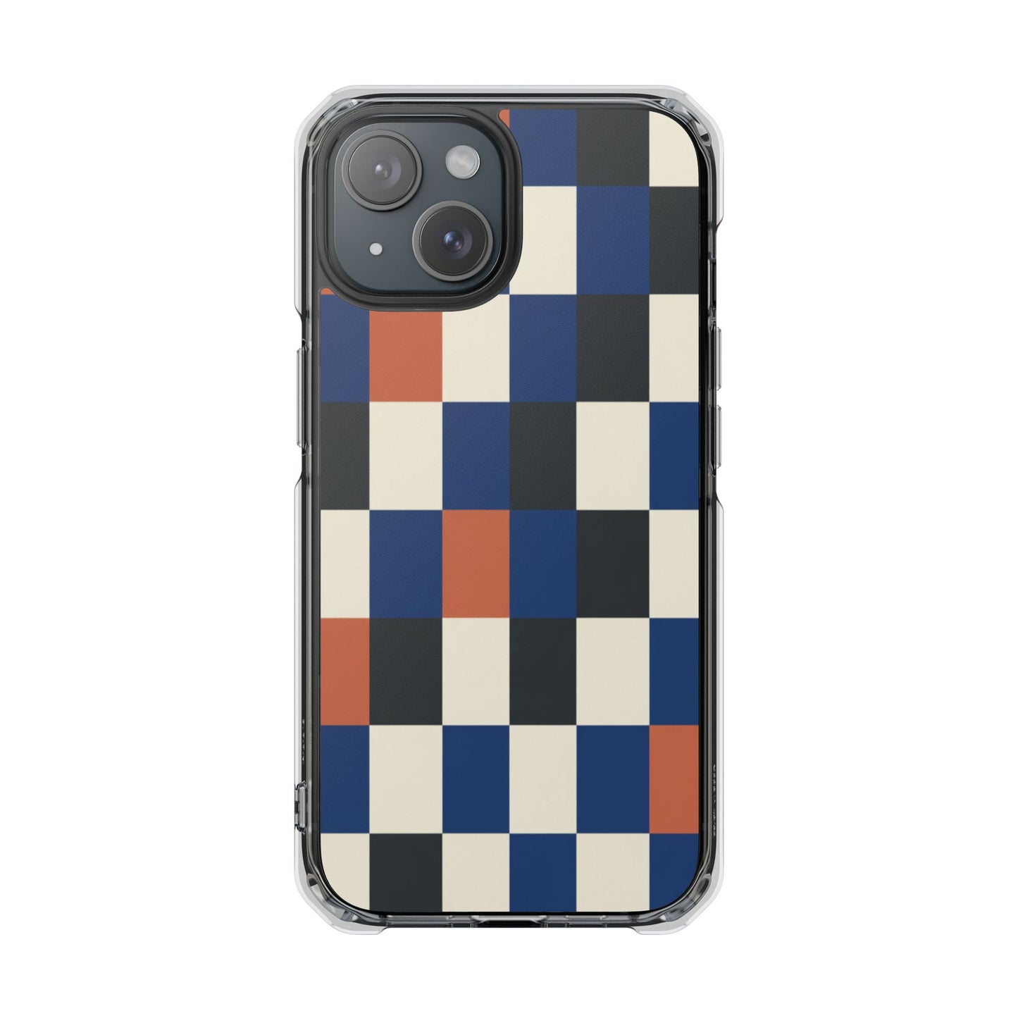 Clear Magnetic Phone Case — Retro Checkerboard Pattern (Blue, Black & Rust)
