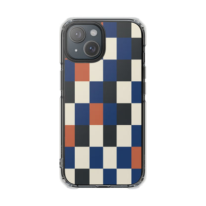 Clear Magnetic Phone Case — Retro Checkerboard Pattern (Blue, Black & Rust)