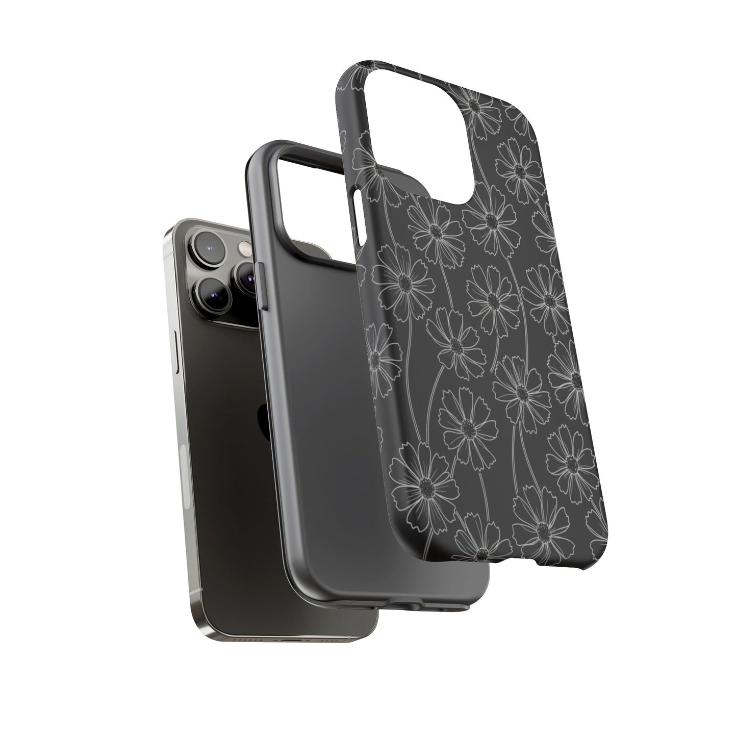 Floral Doodle Tough Phone Case — Black & Gray Daisy Pattern