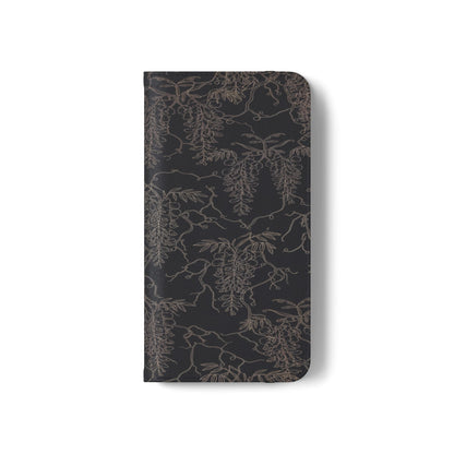 Botanical Noir Flip Phone Case — Dark Floral Wallet Cover with Card Slots