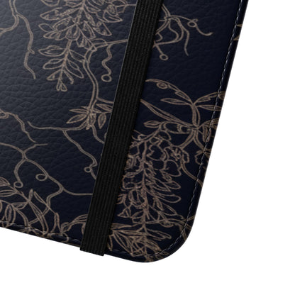 Botanical Noir Flip Phone Case — Dark Floral Wallet Cover with Card Slots