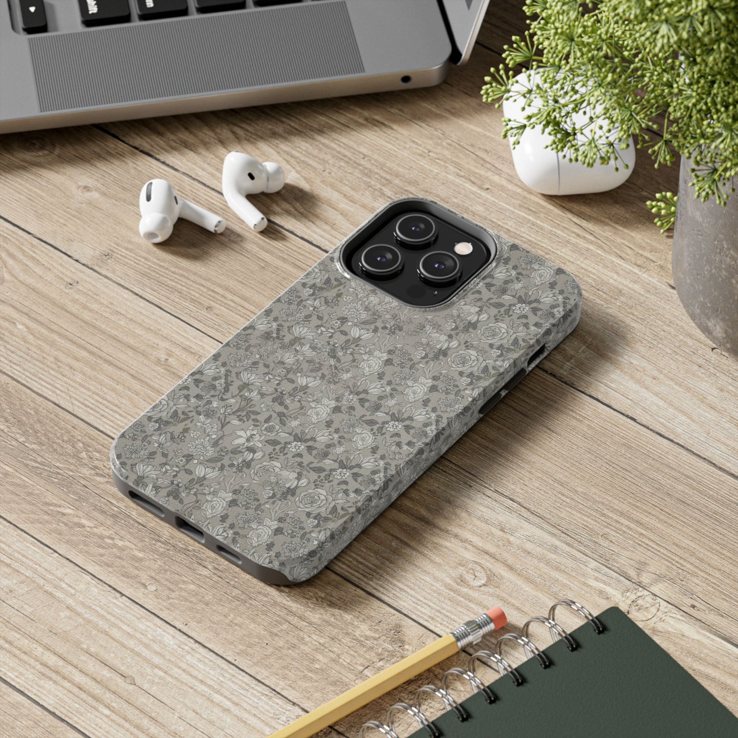 Gray Floral Tough Phone Case — Durable Protective Phone Cover with Vintage Botanical Pattern