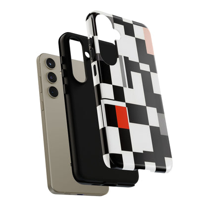 Abstract Geometric Phone Case – Black & White Checker Grid with Red Accent