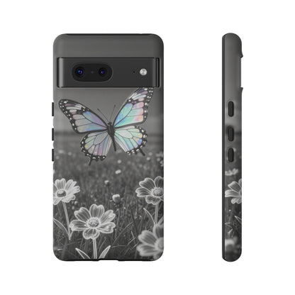 Butterfly Field Tough Phone Case — Pastel Holographic Butterfly on Black & White Floral Background