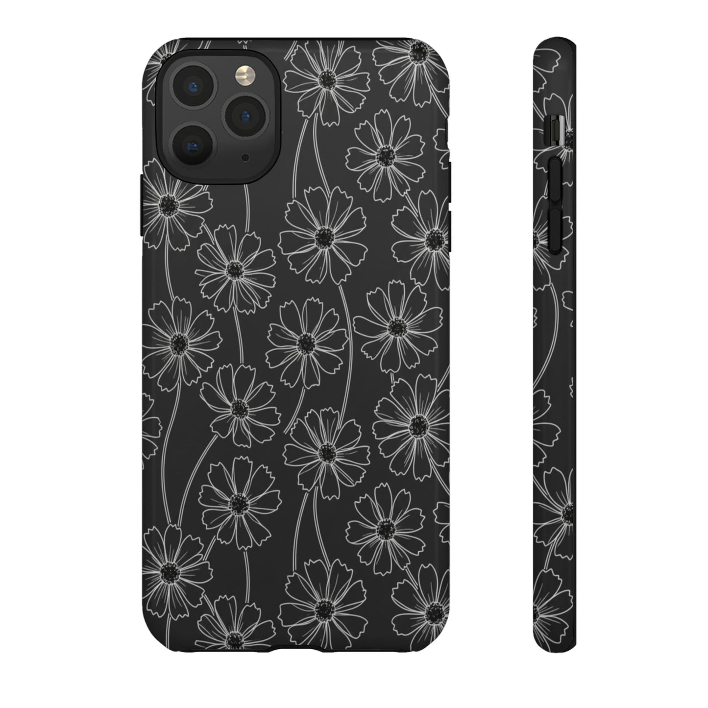 Floral Doodle Tough Phone Case — Black & Gray Daisy Pattern