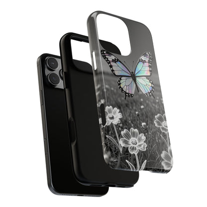 Butterfly Field Tough Phone Case — Pastel Holographic Butterfly on Black & White Floral Background