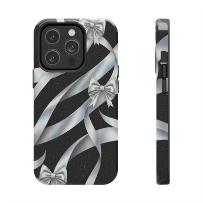 Silver Ribbon Bow Tough Phone Case — Glitter Black Protective Phone Case
