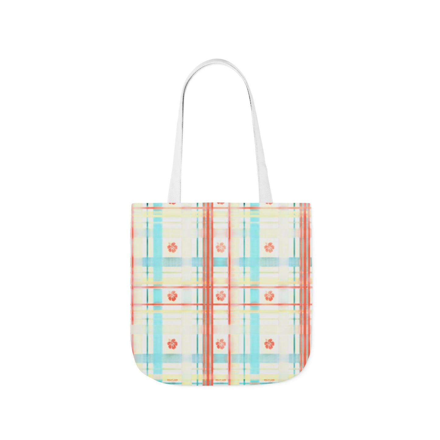 Floral Pastel Plaid Tote Bag — Canvas Shoulder Bag with Colorful Straps