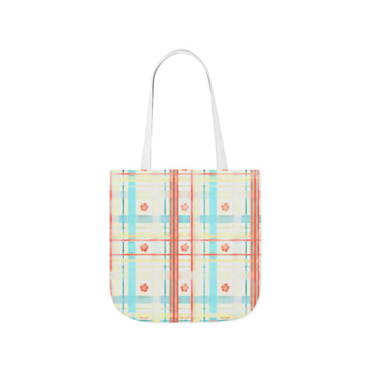 Floral Pastel Plaid Tote Bag — Canvas Shoulder Bag with Colorful Straps