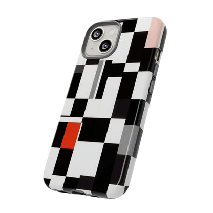 Abstract Geometric Phone Case – Black & White Checker Grid with Red Accent