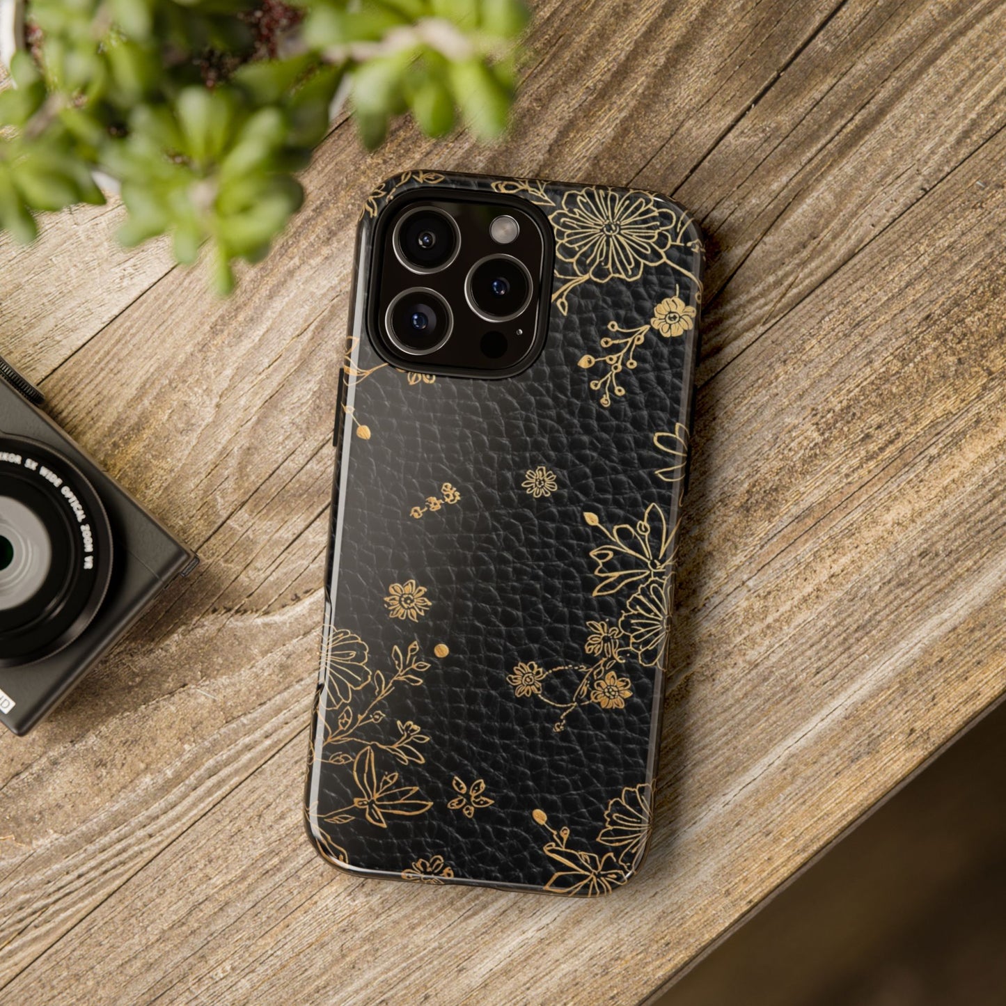 Floral Gold Foil Leather Texture Tough Phone Case