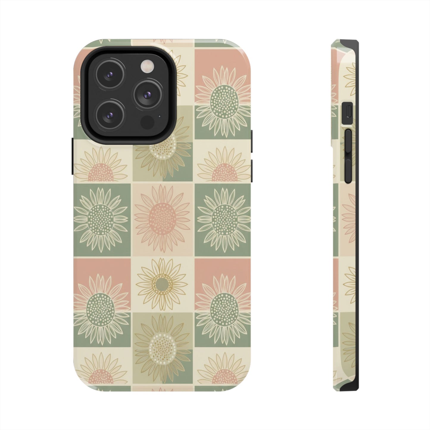 Sunflower Check iPhone Tough Phone Case — Retro Pastel Floral Protective Cover