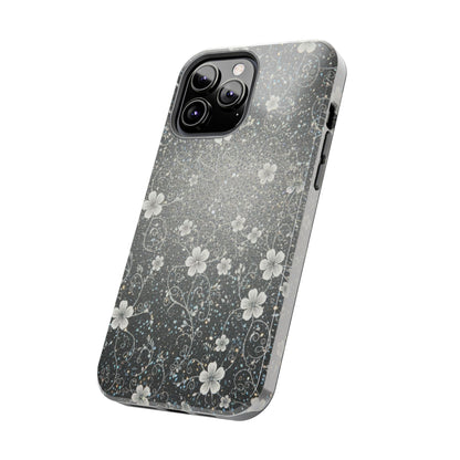 Floral Sparkle Tough Phone Case — Black & Silver Vintage Blossom