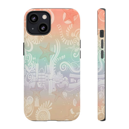Tough Cases: Pastel Beach Pattern Phone Case — Starfish & Coastal Cityscape Protective Cover
