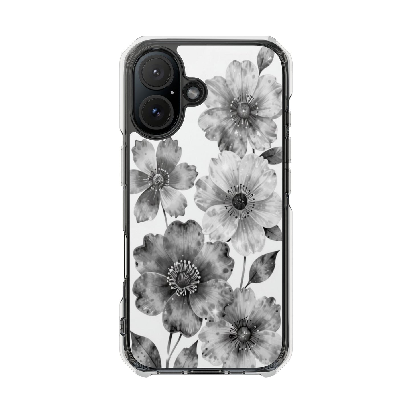 Clear Magnetic Phone Case — Black & White Watercolor Floral Design