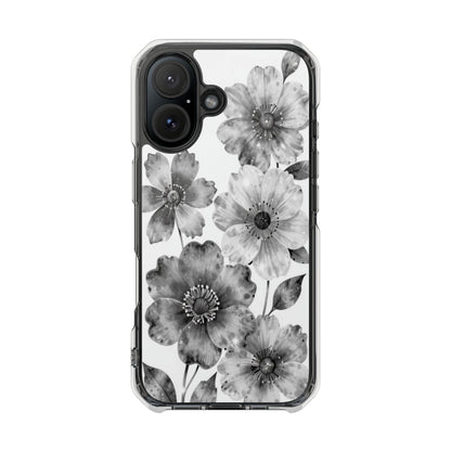 Clear Magnetic Phone Case — Black & White Watercolor Floral Design
