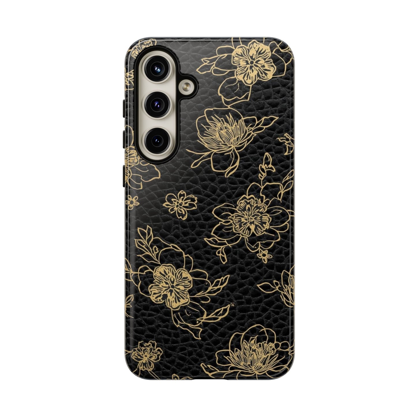 Floral Leather Phone Case — Gold Outline Flowers on Black Tough Case