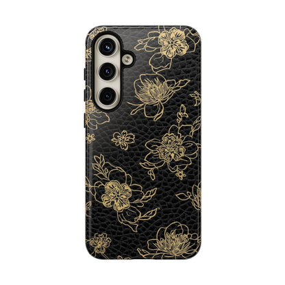 Floral Leather Phone Case — Gold Outline Flowers on Black Tough Case