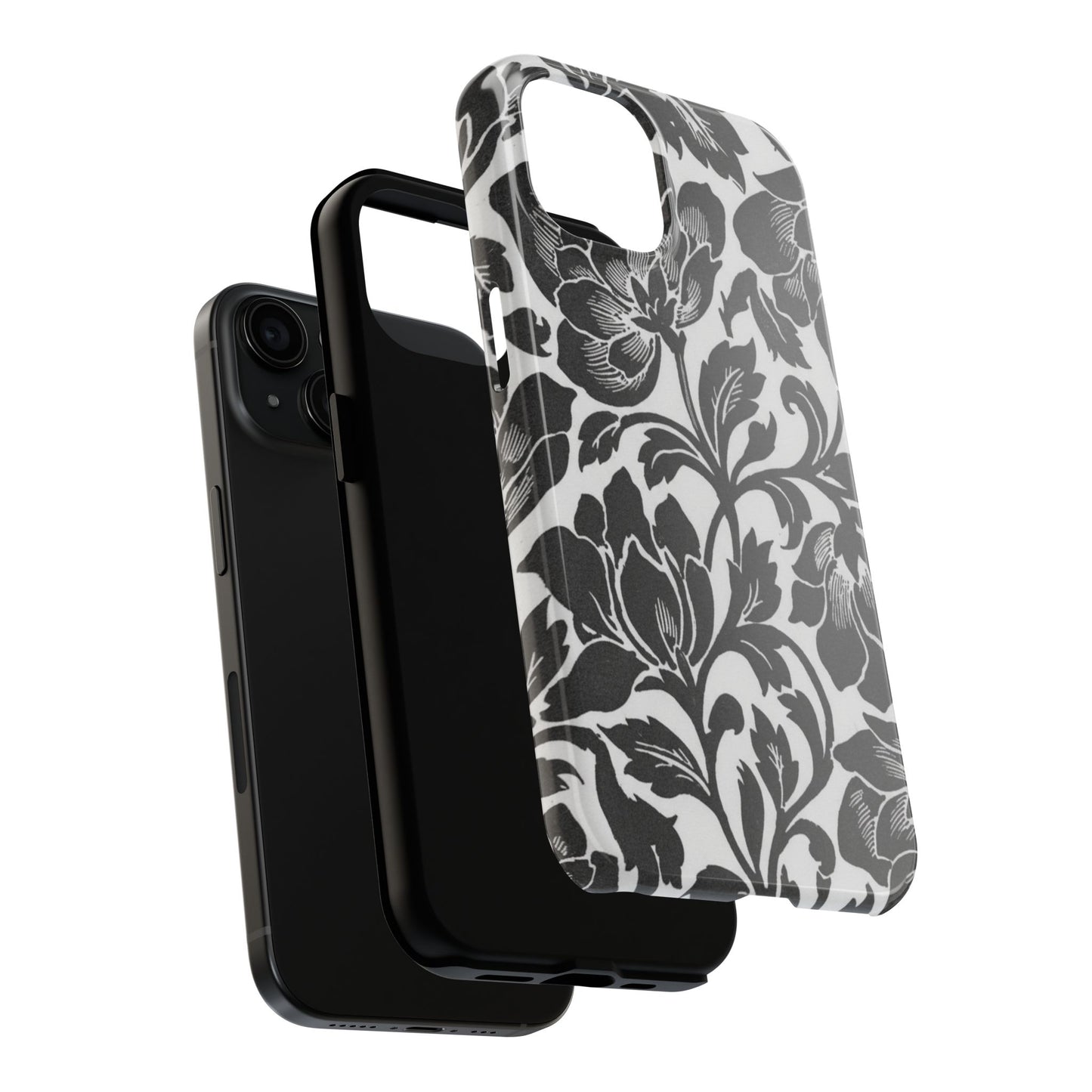 Tough Phone Case — Black & White Vintage Floral Protective Cover