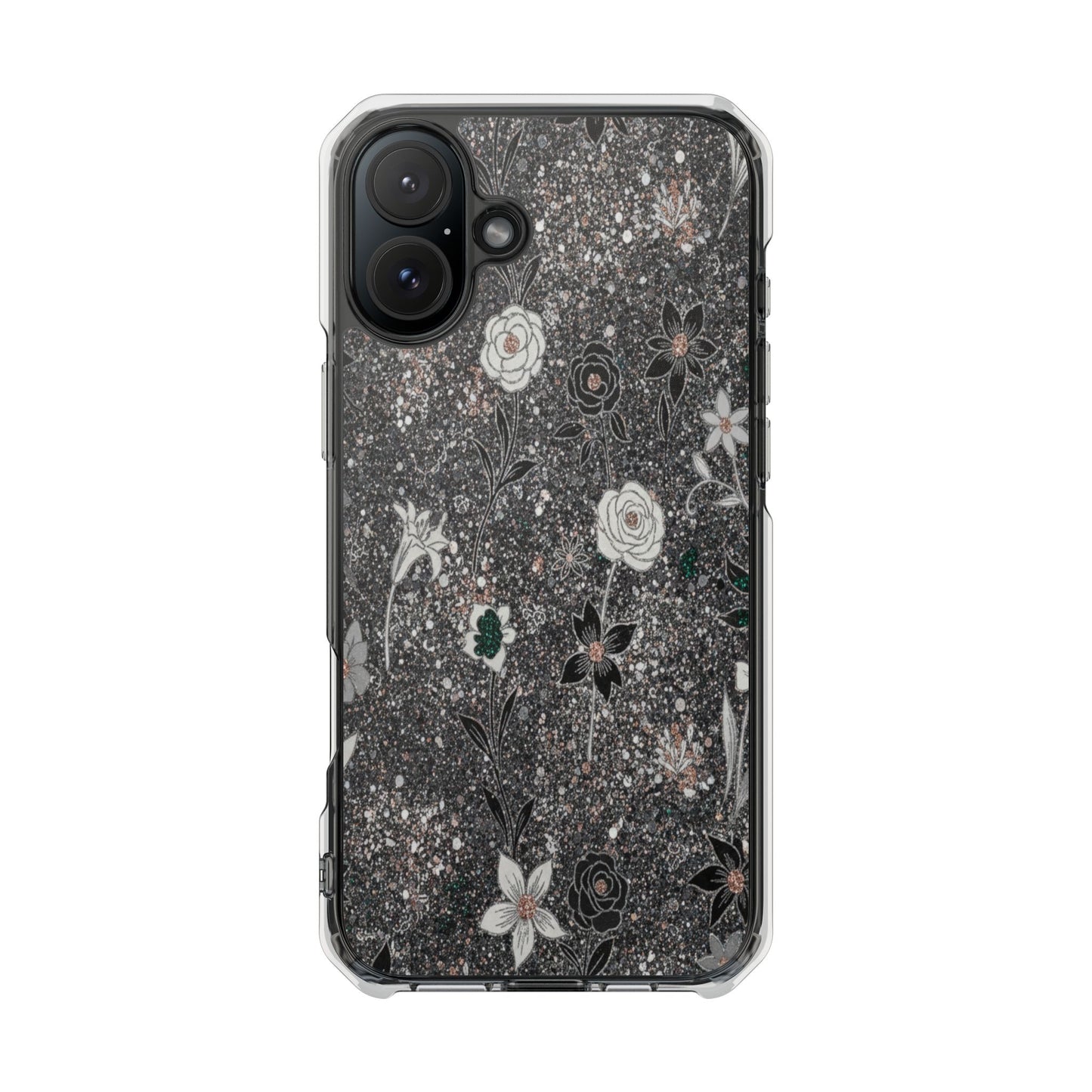 Clear Floral Glitter Magnetic Phone Case — Protective Impact Case with Rose & Daisy Design