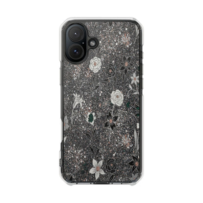 Clear Floral Glitter Magnetic Phone Case — Protective Impact Case with Rose & Daisy Design
