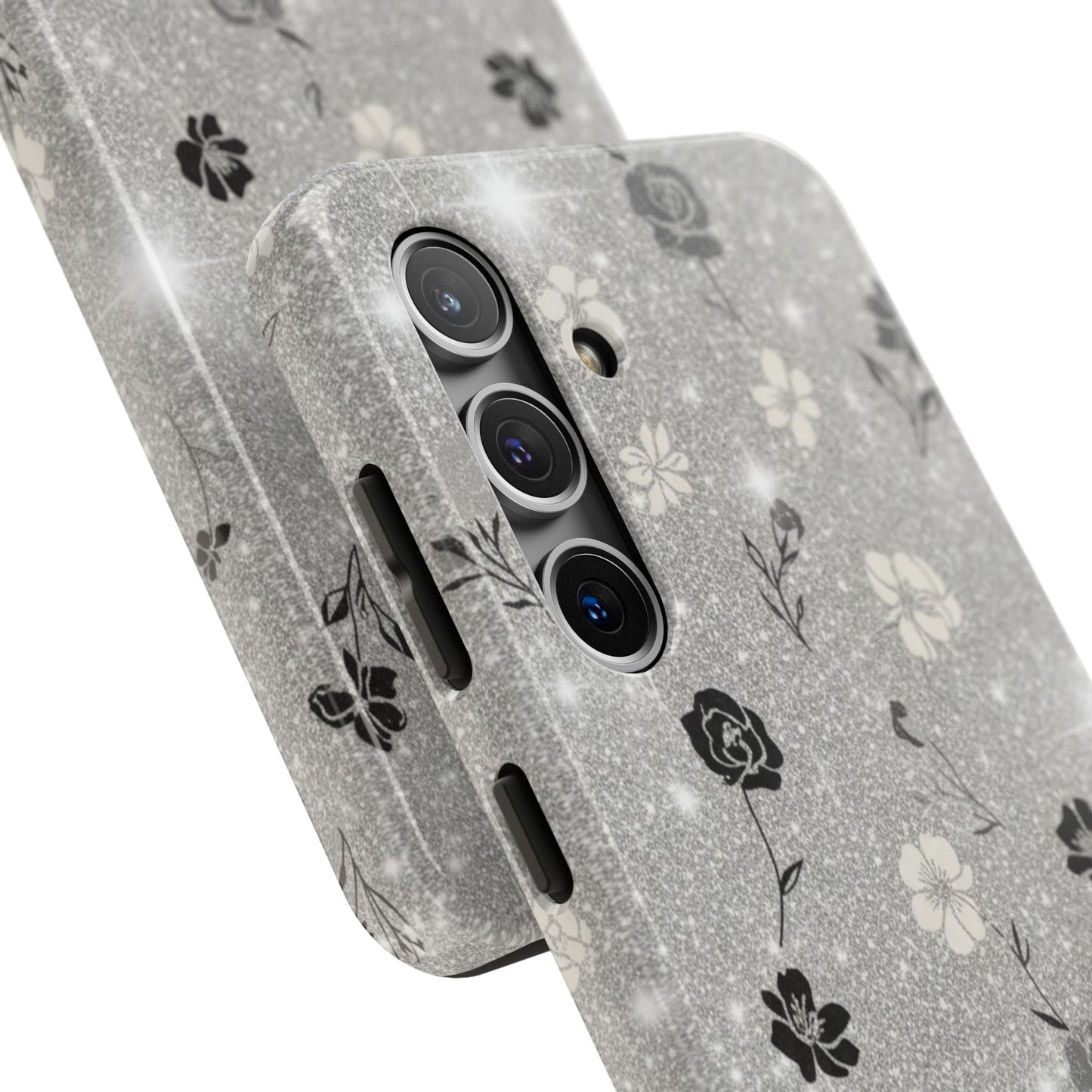 Floral Glitter Tough Phone Case — Black & Silver Vintage Flower Protective Cover