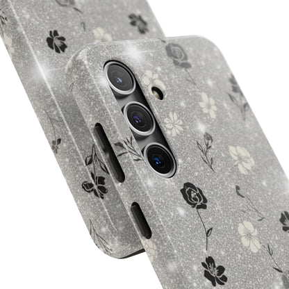 Floral Glitter Tough Phone Case — Black & Silver Vintage Flower Protective Cover