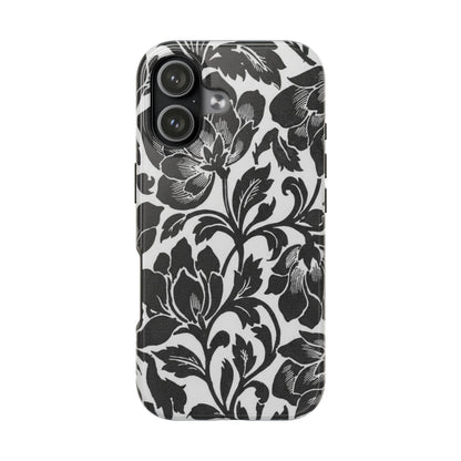 Tough Phone Case — Black & White Vintage Floral Protective Cover