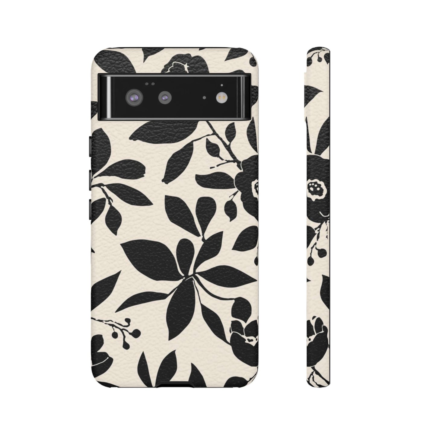 Black Floral Pattern Phone Case — Monochrome Botanical Tough Case