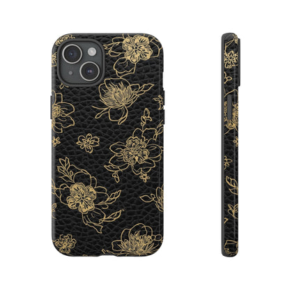 Floral Leather Phone Case — Gold Outline Flowers on Black Tough Case