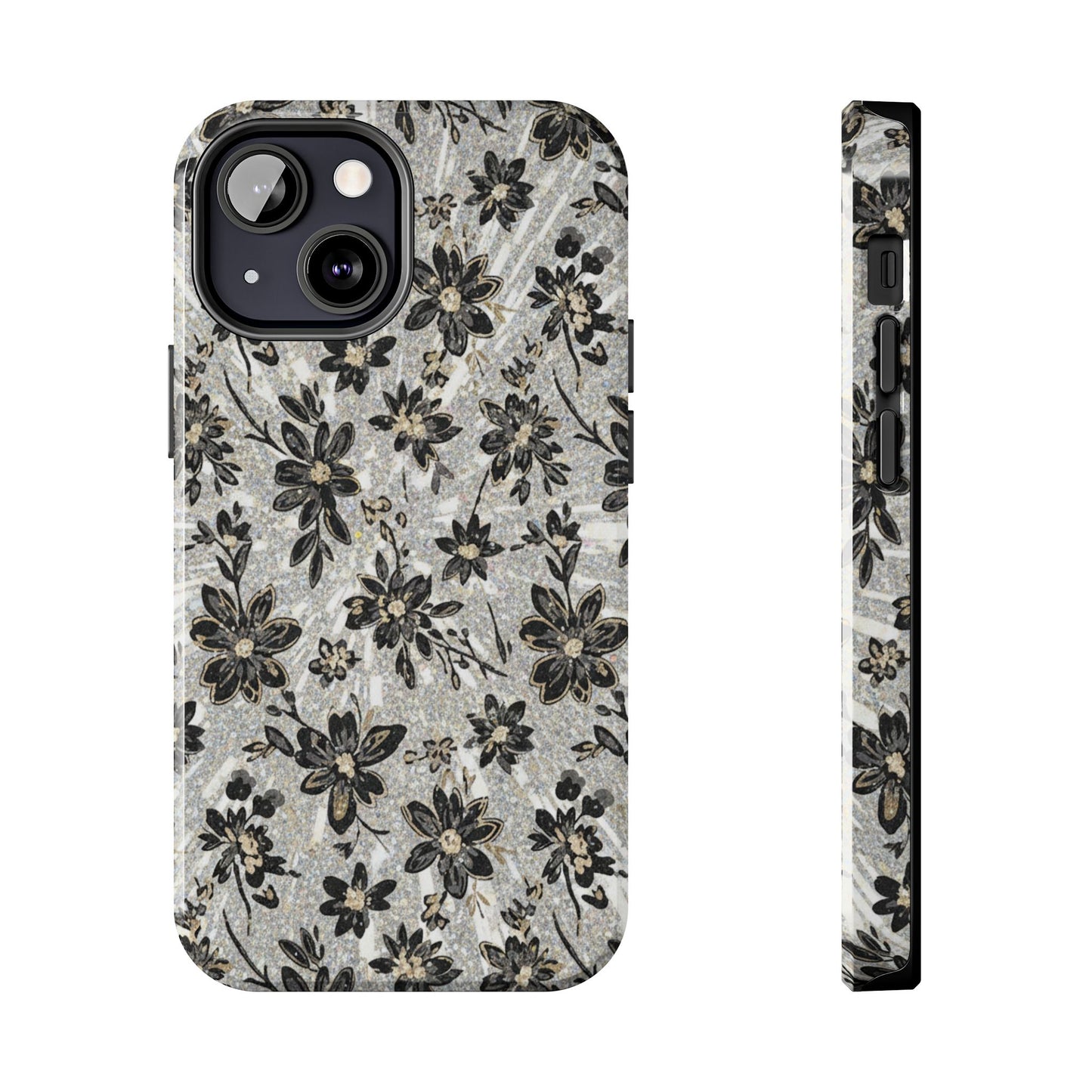 Floral Vintage Tough Phone Case — Black & Gray Rustic Flower Protective Case