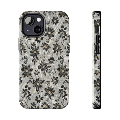 Floral Vintage Tough Phone Case — Black & Gray Rustic Flower Protective Case