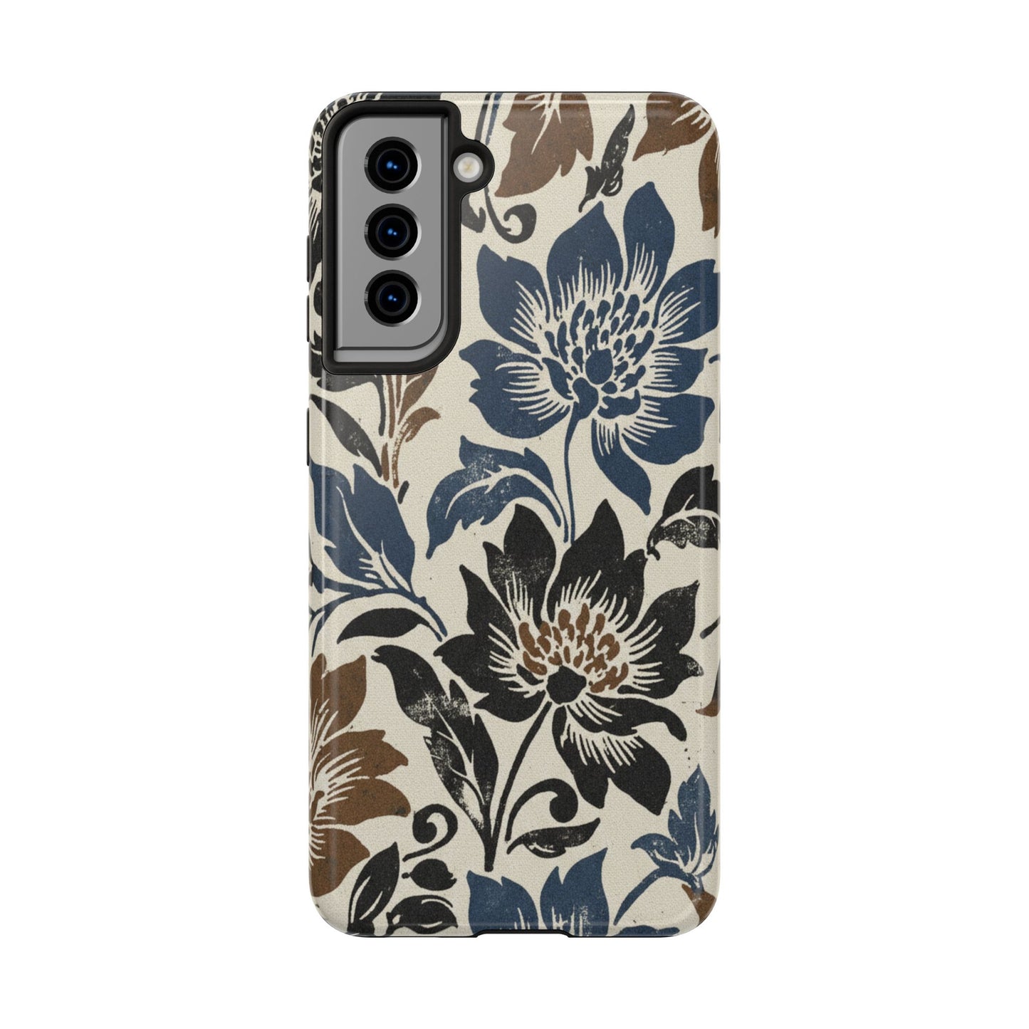 Floral Vintage Tough Phone Case — Blue & Brown Botanical Protection