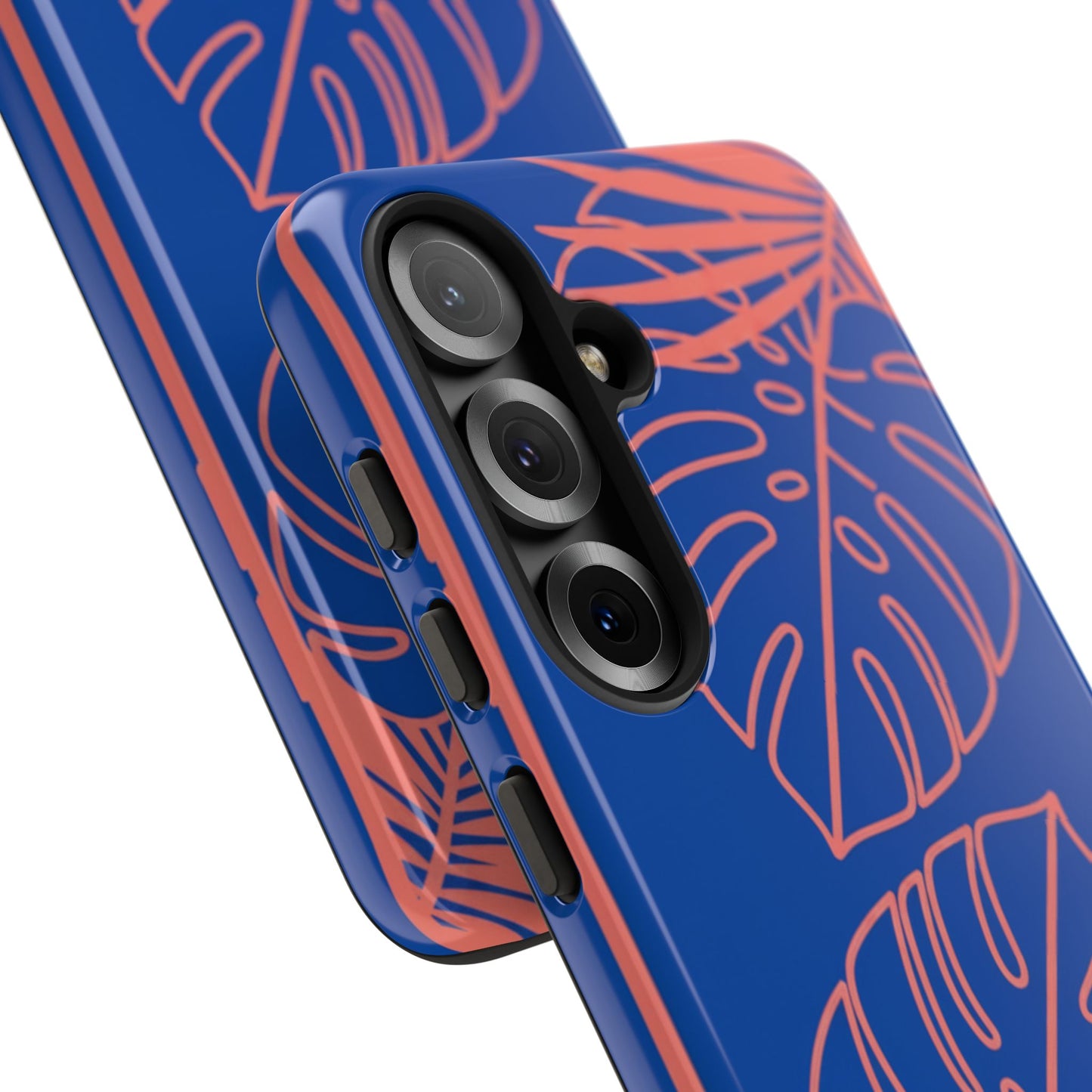 Tropical Monstera Phone Case — Blue & Coral Leaf Protective Cover