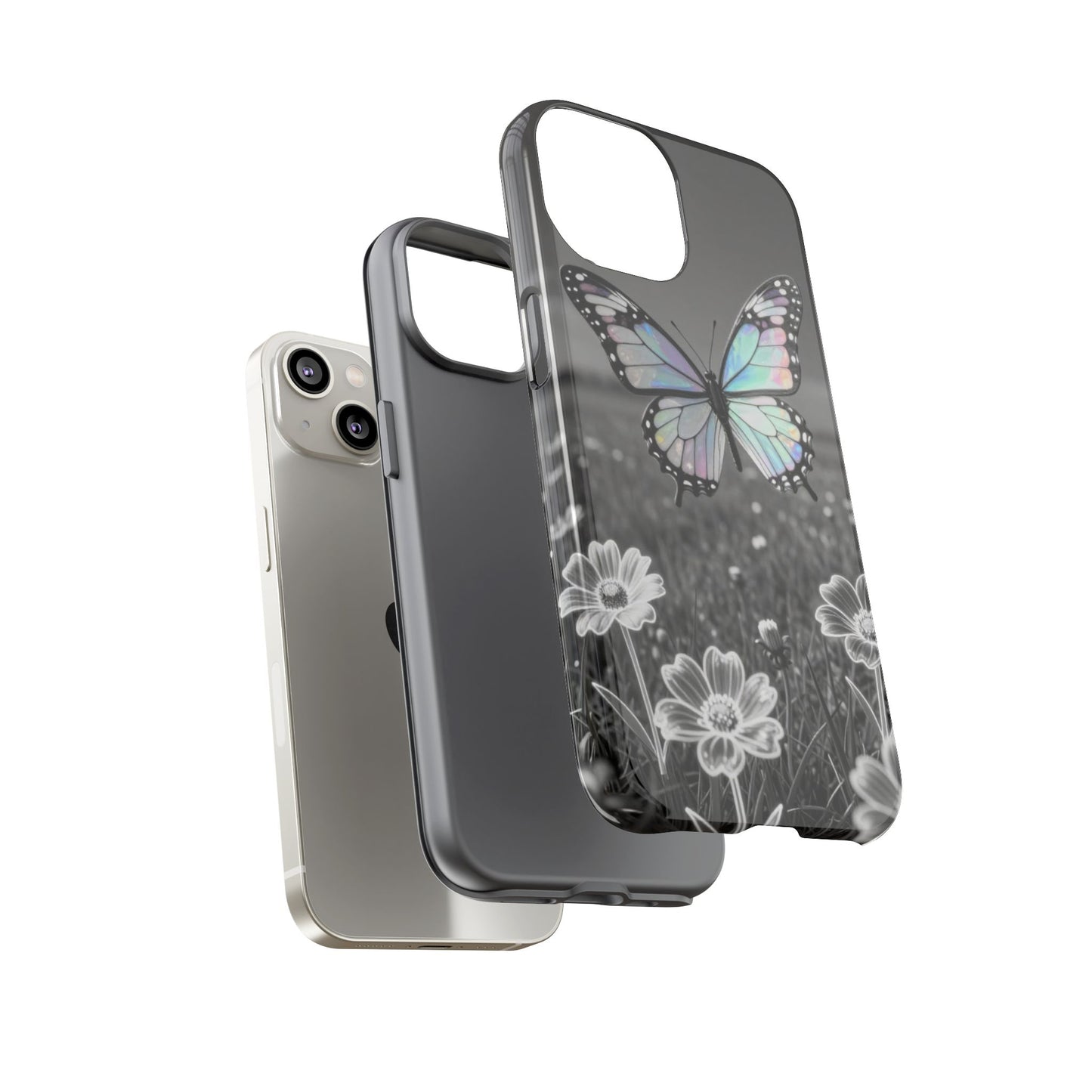 Butterfly Field Tough Phone Case — Pastel Holographic Butterfly on Black & White Floral Background