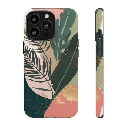 Tropical Leaf Tough Phone Case — Abstract Pink & Green Botanical Protective Cover