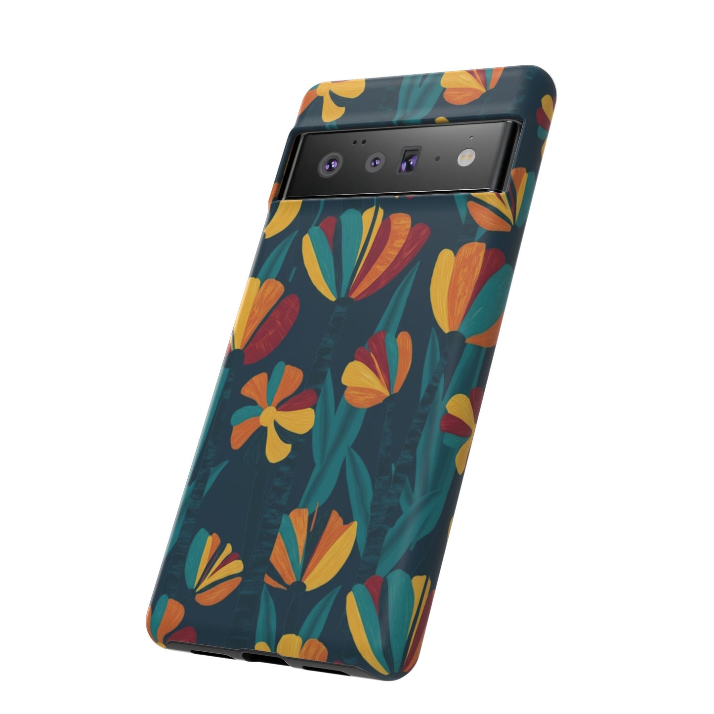 Floral Retro Teal Tough Phone Case — Vibrant Orange & Mustard Blooms