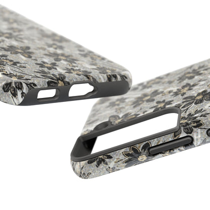 Floral Vintage Tough Phone Case — Black & Gray Rustic Flower Protective Case
