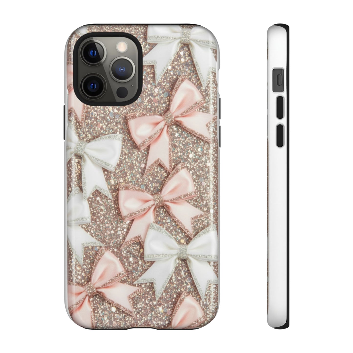 Glitter Bow Tough Phone Case — Pink & White Ribbon Protective Cover