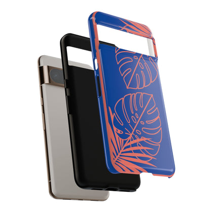 Tropical Monstera Phone Case — Blue & Coral Leaf Protective Cover