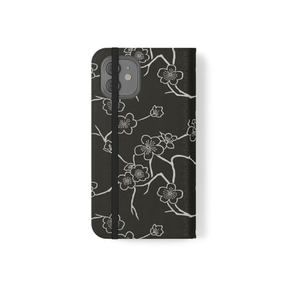 Black Cherry Blossom Flip Phone Case – Floral Wallet Flip Case with Card Slots